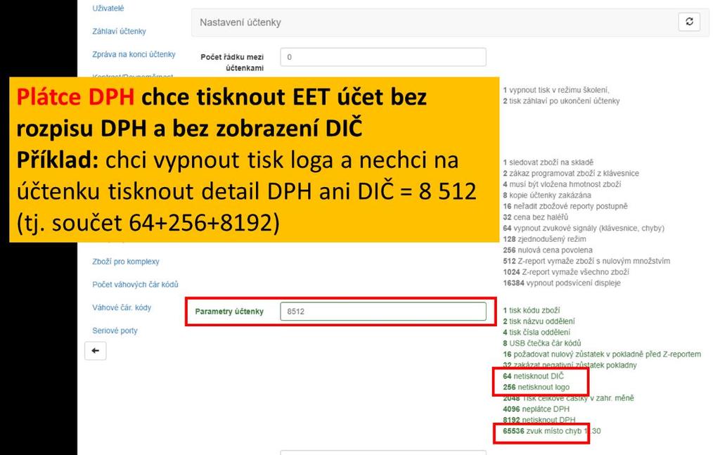 Zákon o EET nevyžaduje, aby samotná EET účtenka obsahovala detaily DPH. Níže je ukázka Nastavení prodejních položek Nastavení přes webové rozhraní kliknutím na ikonu čárového kódu PLU.