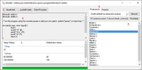 UI OBR 1 1. Spuštění testů 2. Zobrazení průběhu testování 3. Otevření aktuálně vybraného zdrojového kódu v externím editoru 4. Pole pro zobrazení zdrojového kódu/logu posledního testu 5.