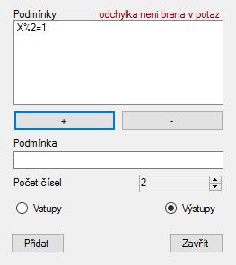 VÝSTUP: počet čísel splňujících podmínky Od testovaného programu bude očekáváno na výstupu číslo, které bude reprezentovat počet čísel, která splnila podmínky.