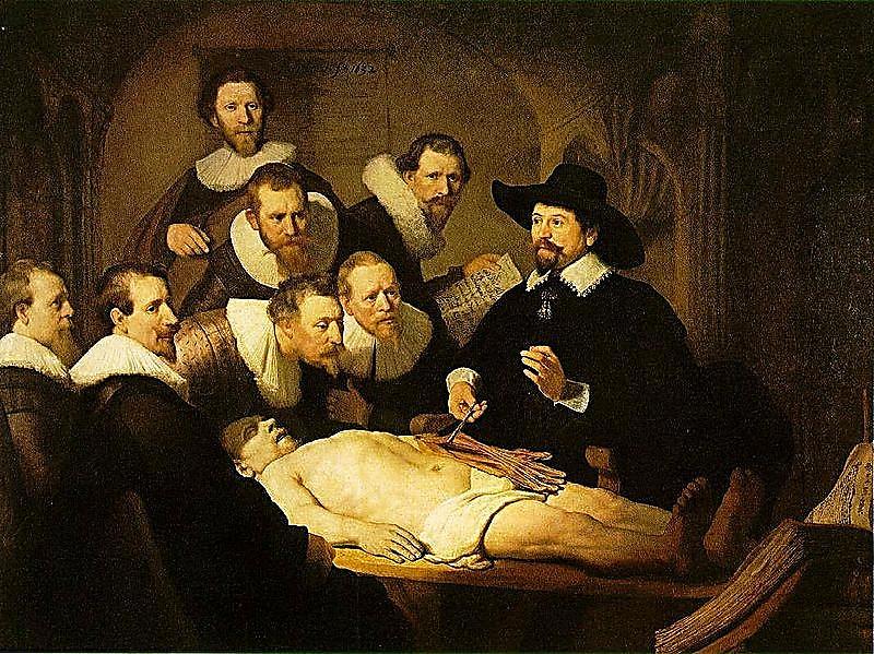 1600 provedl Jan Jesenský Obraz Anatomie doktora Tulpa znázorňuje přednášku Nicoalaese Tulpa (Nizoremí 16.1.1632) /autor Rembrant r.