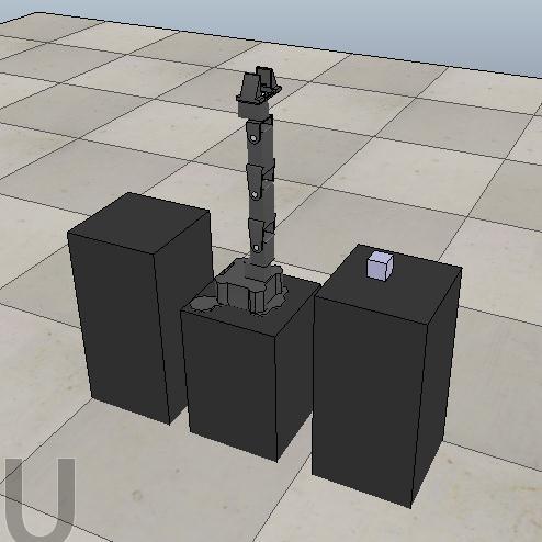 Kvádrová stojna 1x (menší) X: 0.2m Y: 0.2m Z: 0.5m Přenášená krychle 1x X,Y,Z: 0.035m 2.1. Scéna Každý robot v základní sadě V-REPu má přidělený základní skript, díky kterému se nějak pohybuje.