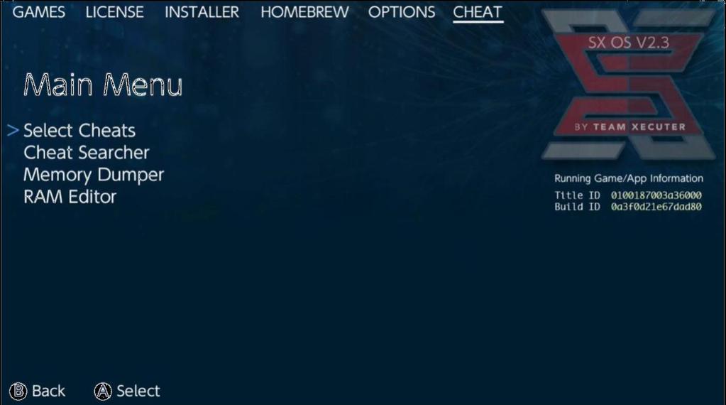 Cheaty Nejprve spusťte libovolnou hru, poté stiskněte tlačítko Home a v SX Menu zvolte záložku Cheats.