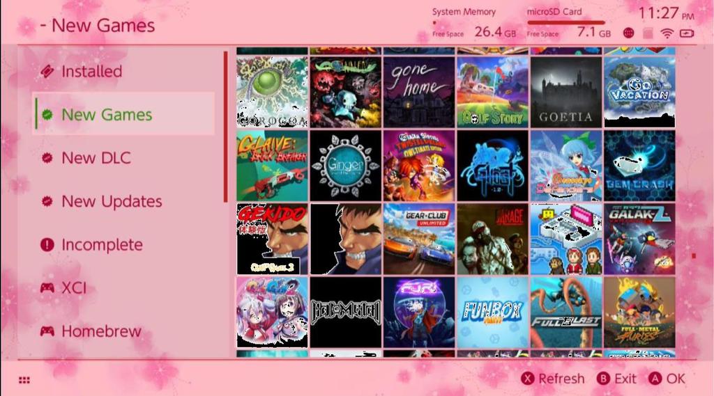Témata: Vlastní témata lze zvolit z nastavení (Options). Veškerá témata musí být v následující adresářové struktuře: sdmc:/switch/sx/themes/mytheme/settings.json sdmc:/switch/sx/themes/mytheme/mybg.