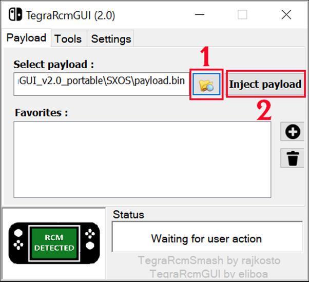 Klikněte na záložku Payload a připojte konzoli (která by měla být již v RCM režimu) k počítači pomocí USB-C kabelu.