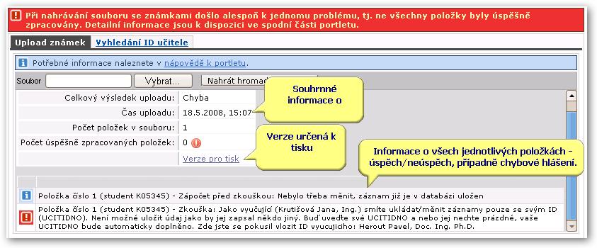 4.4.6 Hromadné načtení známek IS/STAG a poté informace a případná chybová hlášení pro jednotlivé položky. Tento seznam je možné zkopírovat ze stránky, chybné položky opravit a nahrát znovu.