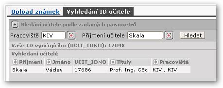 Záložka Vyhledání ID učitele se týká především uživatelů s rolí katedra.