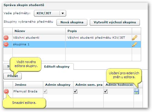 4.8.2 Práce s aplikací a příklady 4.8.2.3.1 Přidání editora Obrázek 4.44: Administrátoři skupiny. Nového editora vložíte tlačítkem Přidat.