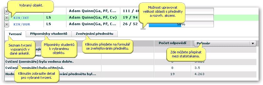 4.9.2 Práce s aplikací a příklady Obrázek 4.46: Rozložení portletů aplikace Kvalita výuky na portálové stránce.