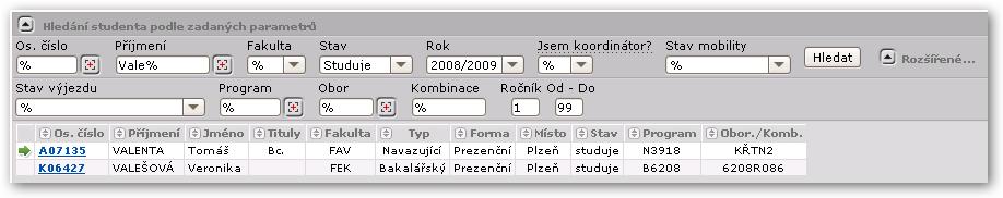 6.2.2 Práce s aplikací 6.2.2.1 Vyhledání studenta V horní části aplikace je k dispozici vyhledávací formulář studentů.