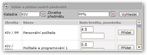 6.2.2 Práce s aplikací absolvovanému v rámci výjezdu přiřadit libovolné množství předmětů, které mu budou za daný předmět uznány. To se provádí v pravé části obrazovky: Obrázek 6.