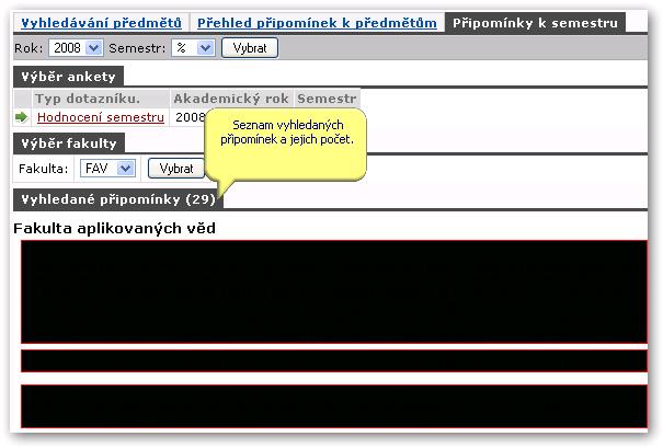 7.2.2 Práce s aplikací a příklady Obrázek 7.4: Prohlížení připomínek k semestru. 7.2.2 Práce s aplikací a příklady 7.2.2.1 Procházení výsledků po fakultách Postupně přes výběr fakulty, katedry a tvrzení se zobrazí seznam hodnocených předmětů katedry.