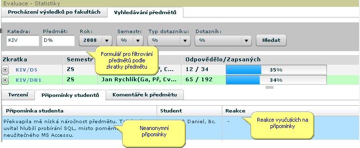 7.3 Reakce vedení Obrázek 7.6: Formulář pro vyhledání předmětů. 7.3 Vyjádření vedení univerzity a fakult 7.3.1 Schéma aplikace Vyjádření vedení univerzity, fakult a kateder k celkovému průběhu hodnocení kvality výuky.