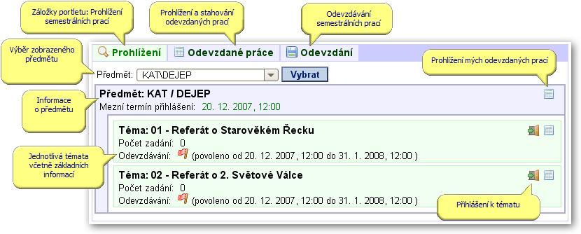 3.3.3 Práce s aplikací a příklady 3.3.3 Práce s aplikací a příklady 3.3.3.1 Prohlížení předmětů Základní stránka portletu