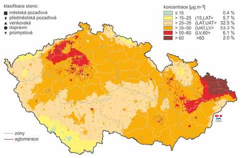 Obr. 3.7 Pole 36. nejvyšší 24hodinové koncentrace PM 10 v roce 2014 (zdroj: ČHMÚ [119]) či pevné částice.