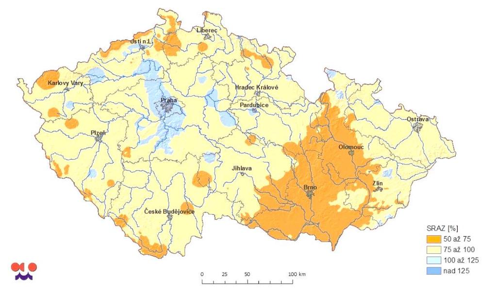 Obrázek 3 Srovnání úhrnu srážek na území ČR s dlouhodobým průměrem 1961 2010 za období od 1.1. do 13.7. 2014 Zdroj: Šilhánková, Pondělíček a kol. 2016 z dat Intersucho 1.