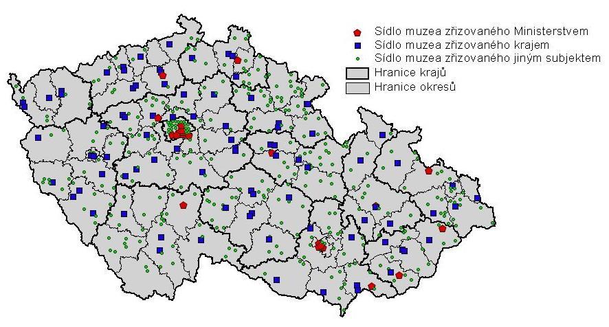 Obrázek 2 Prostorové rozložení sídel muzeí České republiky vzhledem k typu zřizovatele Závěr Zdroj: Hájek, Půček, Novosák, Pekajová (2011) Muzea jsou v ČR chápána spíše jako kulturní instituce, než