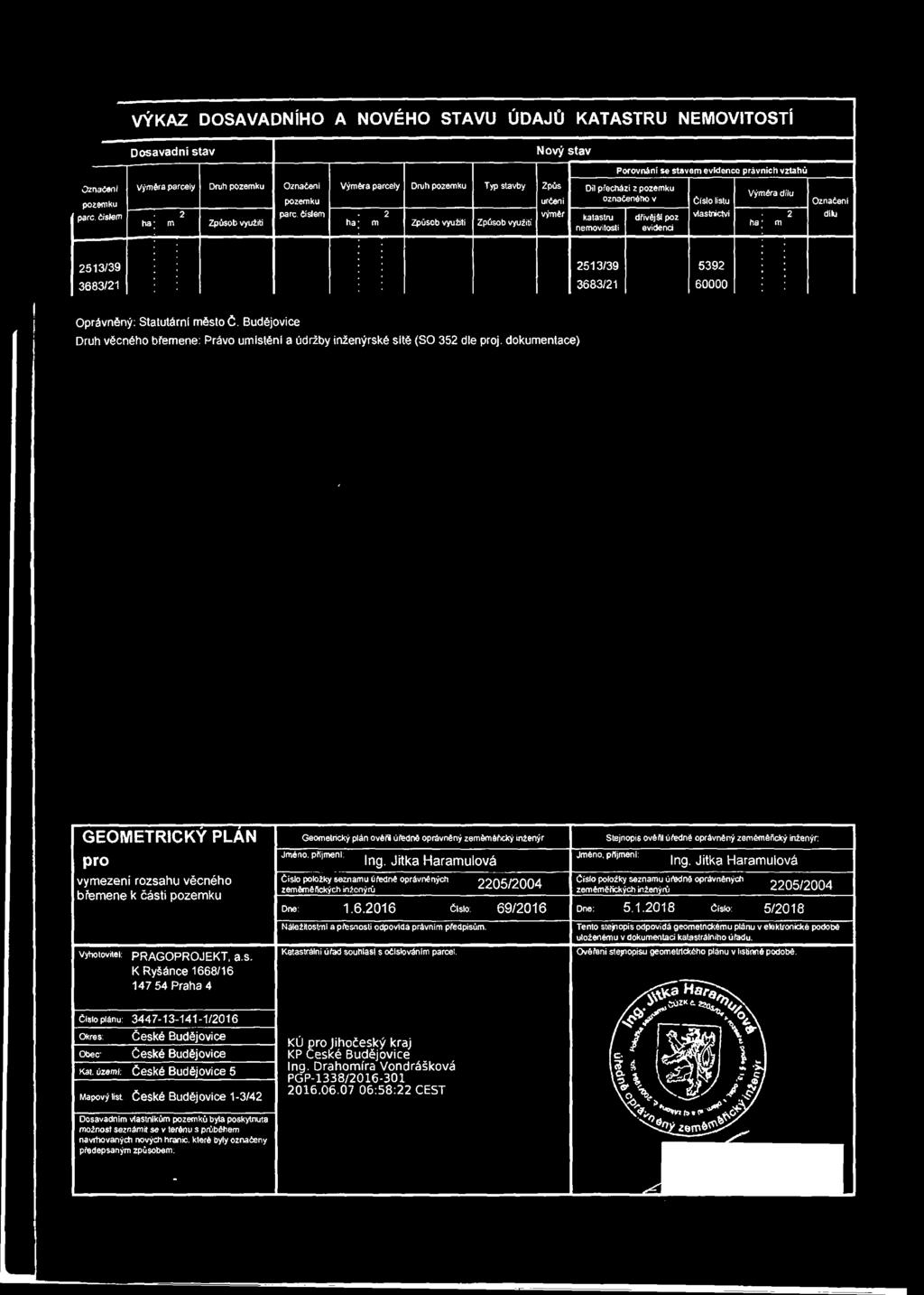označeného v katastru nemovitostí dřívější poz evidenci Číslo listu vlastnictví Výměra dílu ha m Označeni dilu 513/39 3683/1 513/39 3683/1 539 60000 Oprávněný: Statutární město Č.