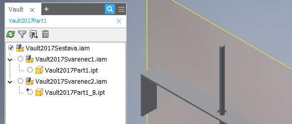 Díky samostatným prohlížečům aplikací Inventor a Vault můžete zobrazit stromy obou komponent současně v rámci stejné relace návrhu aplikace Inventor.