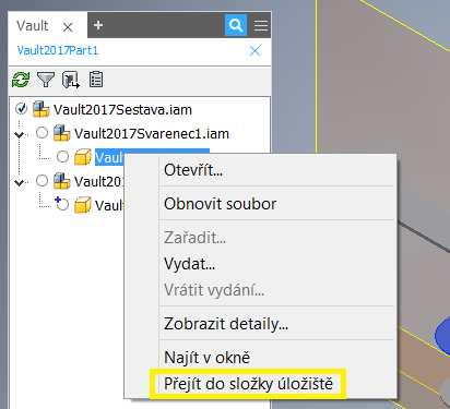 Přejít do složky úložiště V rámci doplňku Vault pro aplikaci Inventor je k dispozici nový příkaz Přejít do složky úložiště.