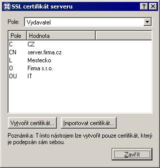 7.1 Nastavení parametrů WWW rozhraní certifikátu) lze zobrazit údaje bud o vydavateli certifikátu (Vydavatel) nebo o subjektu (Předmět) tedy vašem serveru.