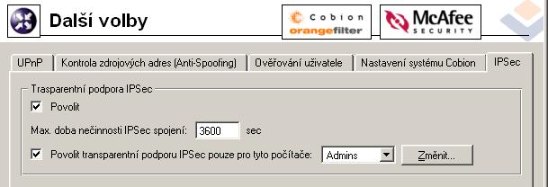 Kapitola 10 Další nastavení Povolit Volba umožňuje použití transparentní podpory IPsec.