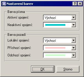 Kapitola 12 Stavové informace a záznamy Nastavení barev Tlačítko Barvy slouží k nastavení barev, kterými budou jednotlivá spojení zobrazována: V každé položce je možné vybrat barvu nebo hodnotu