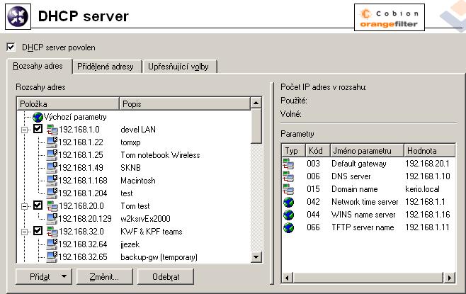 4.3 DHCP server Definice rozsahů IP adres K definici rozsahů IP adres včetně volitelných parametrů slouží záložka Rozsahy adres.