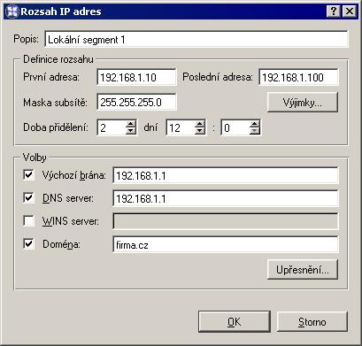 4.3 DHCP server Poznámka: Program Kerio Administration Console kontroluje, zda počáteční a koncová adresa rozsahu patří do téže subsítě vymezené zadanou maskou.