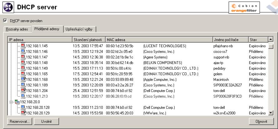 4.3 DHCP server Přidělené IP adresy V záložce Přidělené adresy se (v podobě stromu) zobrazují rozsahy IP adres a v každém z nich všechny IP adresy, které jsou aktuálně přiděleny počítačům v dané