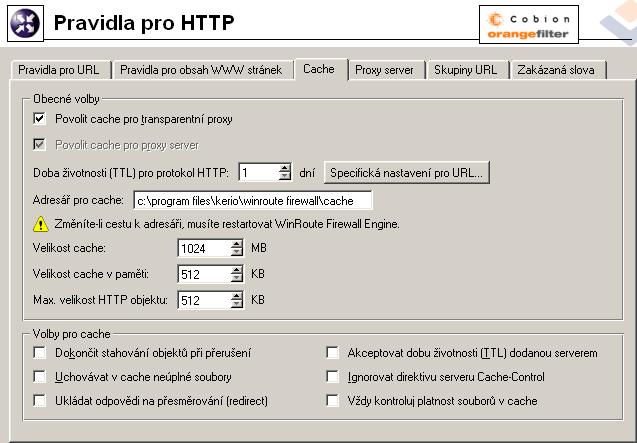 4.5 HTTP cache Povolit cache pro transparentní proxy Zapnutí cache pro HTTP komunikaci obsluhovanou inspekčním modulem HTTP (tj.