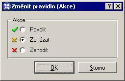 Kapitola 5 Komunikační pravidla Akce Způsob, jak WinRoute obslouží komunikaci, která vyhoví podmínkám tohoto pravidla (podmínka je dána položkami Zdroj, Cíl a Služba).