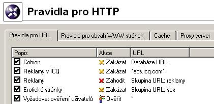 6.1 Pravidla pro URL Poznámka: Výchozí instalace WinRoute obsahuje několik předdefinovaných pravidel pro URL. Tato pravidla jsou ve výchozím nastavení vypnuta.