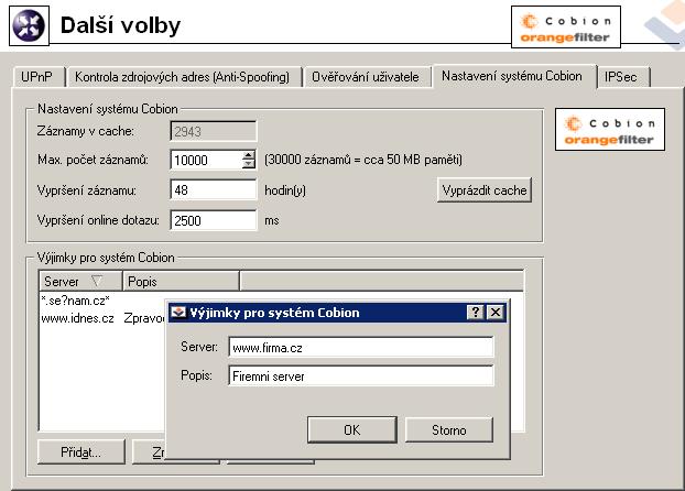 6.3 Systém hodnocení obsahu Cobion Orange Filter Upozornění: Cache není aktivována ihned, ale až po restartu WinRoute Firewall Engine. Adresář Adresář (včetně kompletní cesty) pro URL cache.
