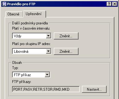 Kapitola 6 Filtrování obsahu V záložce Upřesnění jsou obsaženy další podmínky, za kterých má pravidlo platit, a volby pro FTP komunikaci.