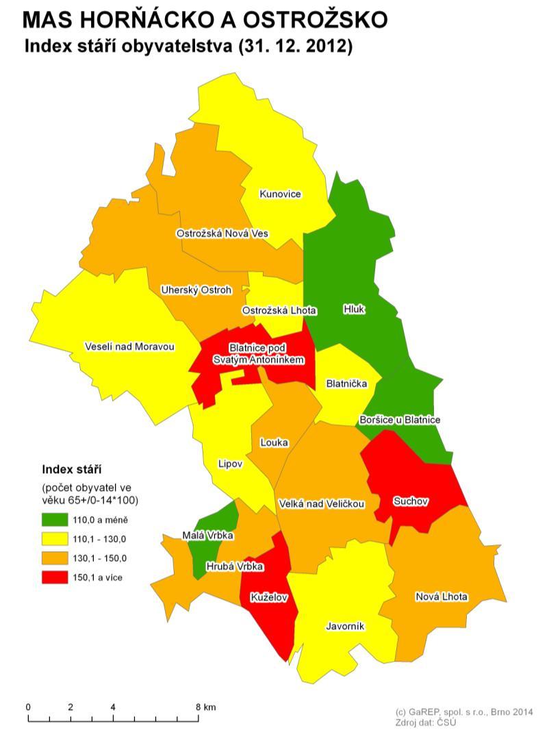 Tab. 7: Věková struktura obyvatel MAS Horňácko a Ostrožsko v roce 2012 Počet obyvatel 0-14 15-64 65+ Horňácko 1 083 6 030 1 486 Ostrožsko 4 672 23 466 5 926 MAS Horňácko a Ostrožsko 5 755 29 496 7