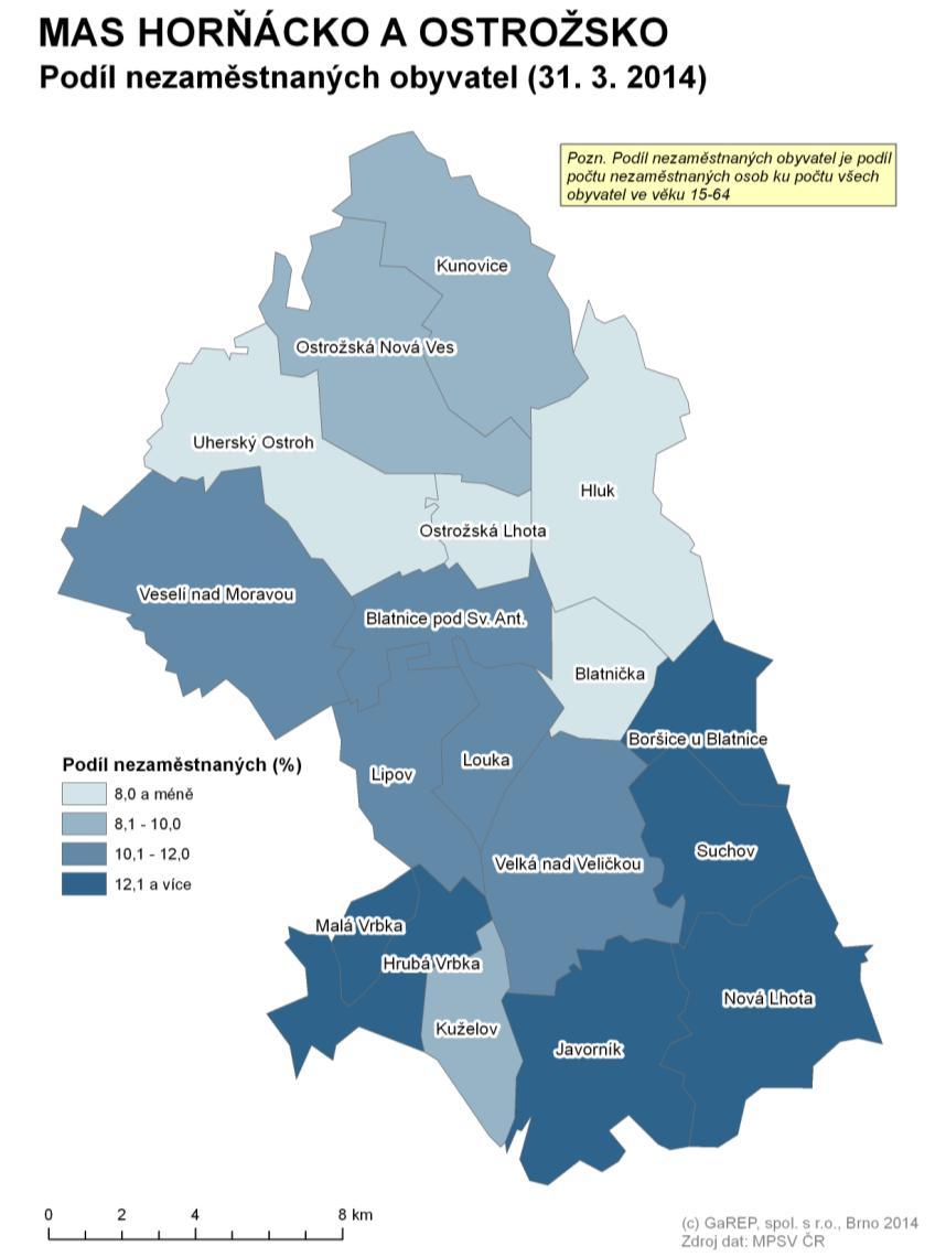 Obr. 12: Podíl nezaměstnaných v obcích MAS Horňácko a Ostrožsko Pramen: Úřad práce ČR Vysoká míra nezaměstnsti v obcích MAS je dána zejména nesouladem v nabídce a poptávce po práci.