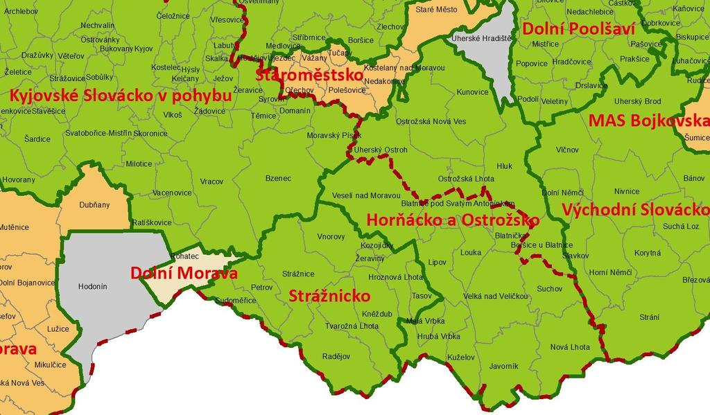 Obr. 22: MAS sousedící s MAS Horňácko a Ostrožsko Pramen: NS MAS ČR MAS má uzavřeno partnerství s 5 MAS, a to v ČR s MAS Horní Pomoraví, o. p. s., MAS Nízký Jeseník a se sousední MAS Strážnicko a na Slovensku s MAS mikroregionu Teplička a Kopaničiarský región MAS; dále také partnerství s Hyjé Koně Zlínského kraje, o.