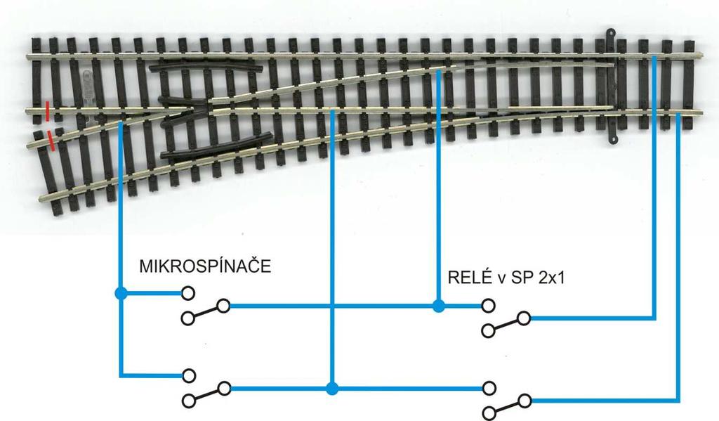 Toto provedení zajišťuje napájení celé výhybky. K dříve uvedenému zapojení musíme přidat ještě dva mikrospínače, které zajišťují napájení srdcovky.