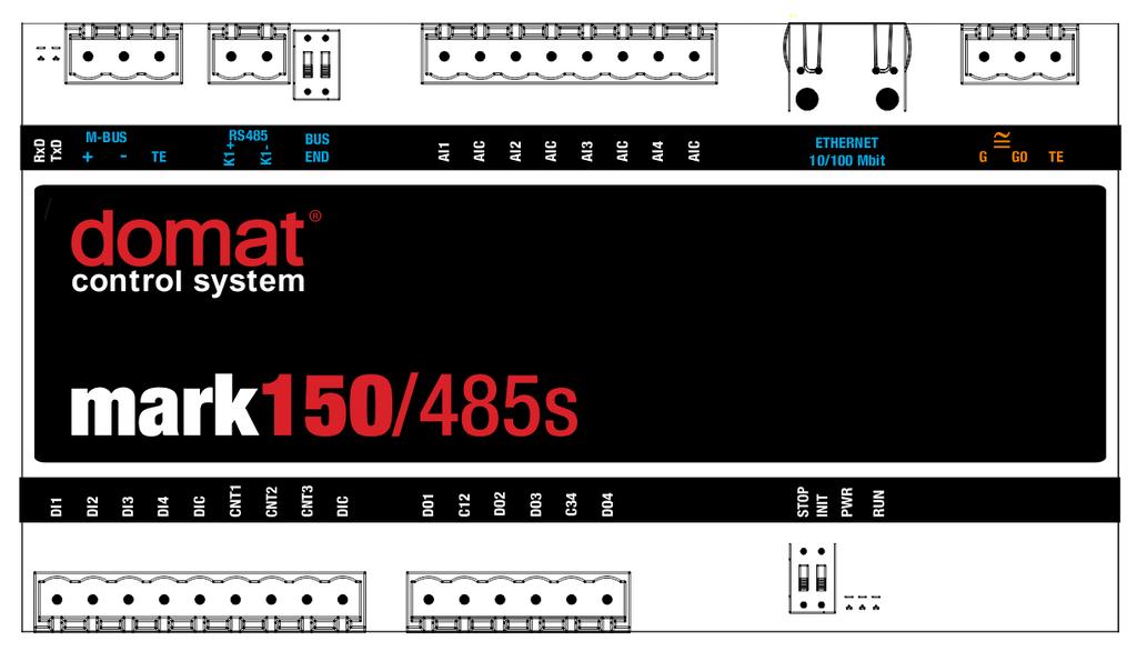 HW SW Obal Rozměry ARM M4 STMF407 168 MHz, 192 kb RAM, 3 MB Flash, 4 kb NVRAM Merbon IDE Merbon HMI Krabice z polyphenylene oxidu; šedá 158 (d) x 90 (š) x 58 (v) mm Krytí IP10 (ČSN EN 60529) Svorky