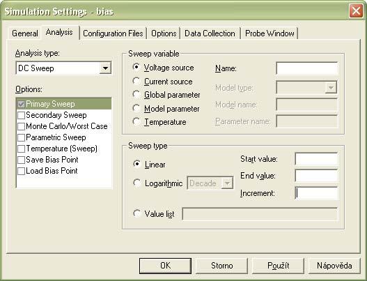 DC Sweep Voltage Source, Current Source - DC složka napěťového (proudového) zdroje.