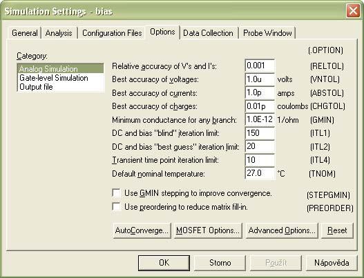 Globální podmínky simulace Relativní přesnost výpočtu napětí a proudů.