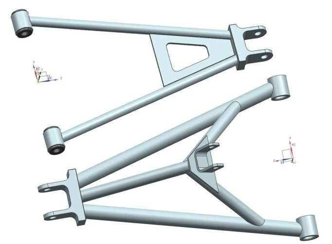 8-5: Horní a dolní rameno zavěšení, 3D model - skutečnost Těhlice, kameny zavěšení Těhlice je ocelový svařenec několika dílů z materiálu
