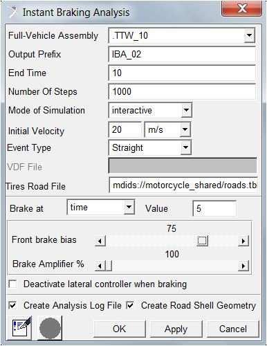 Brzdný účinek se okamžitě projeví na vozidle díky braking torque aplikovanému přímo na osu kol. Podmínkou pro aktivaci může být čas od začátku simulace, nebo ujetá vzdálenost.