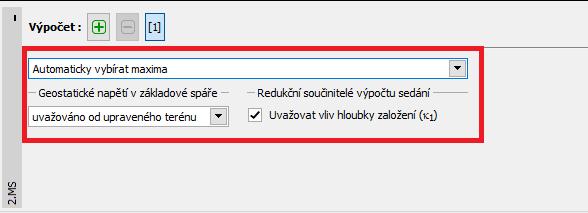 Výpočet Nyní spustíme výpočet v rámu 2. MS. Sedání je počítáno vždy pouze pro užitné (provozní) zatížení. V levé dolní části rámu 2.