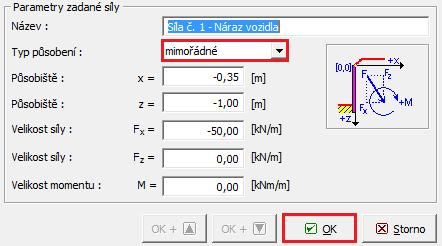 V této fázi definujeme vnější zatížení od nárazu vozidla do svodidla pomocí rámu Zadané síly. Zatížení působí jako mimořádné a uvažuje náraz automobilu o hmotnosti 5 tun.