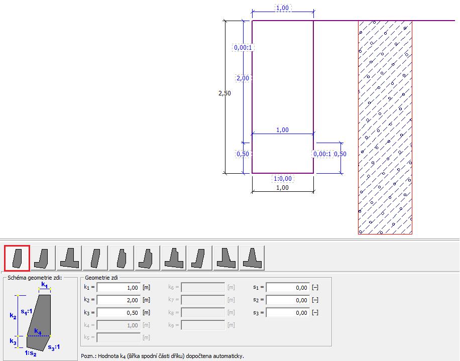 Schéma gravitační zdi pro výpočet Řešení: Nejprve zadáme základní údaje o konstrukci a geologických podmínkách v