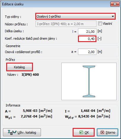 Dialogové okno Editace úseku Geometrie záporového pažení V rámu Materiál poté vybereme z katalogu příslušnou
