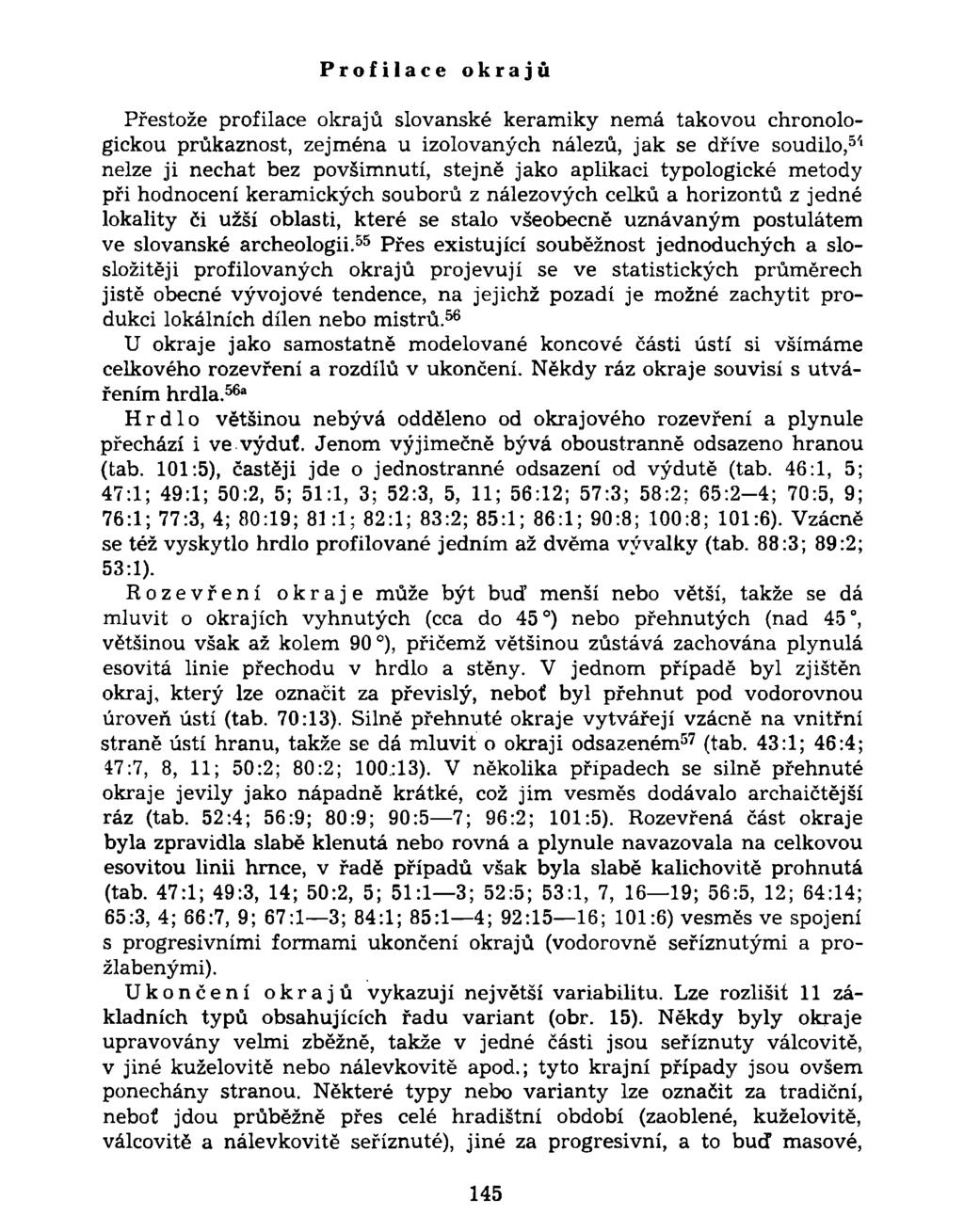 Profilace okrajů Přestože profilace okrajů slovanské keramiky nemá takovou chronologickou průkaznost, zejména u izolovaných nálezů, jak se dříve soudilo, 5 ' 1 nelze ji nechat bez povšimnutí, stejně