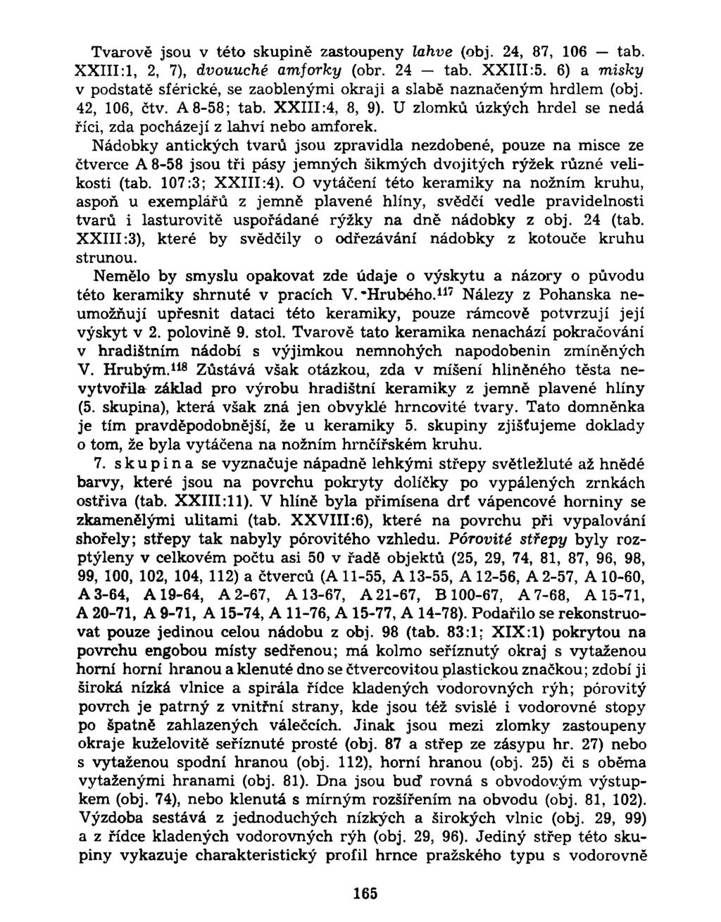 Tvarově jsou v této skupině zastoupeny lahve (obj. 24, 87, 106 tab. XXIII:1, 2, 7), dvouuché amforky (obr. 24 - tab. XXIII:5.