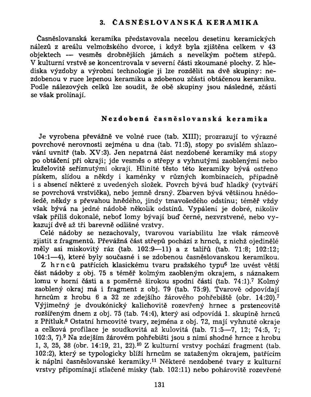 3. CASNESLOVANSKA KERAMIKA Casněslovanská keramika představovala necelou desetinu keramických nálezů z areálu velmožského dvorce, i když byla zjištěna celkem v 43 objektech vesměs drobnějších jámách